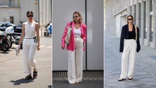 A composite of street style influencers showing how to style wide leg linen pants for work