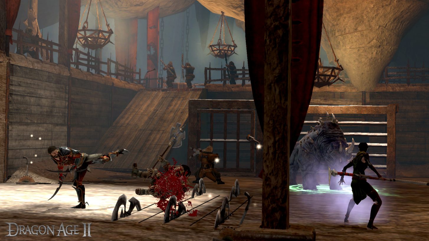 In-progress Dragon Age 2 battle with razor trap visible on the ground and Hawke kicking the air.