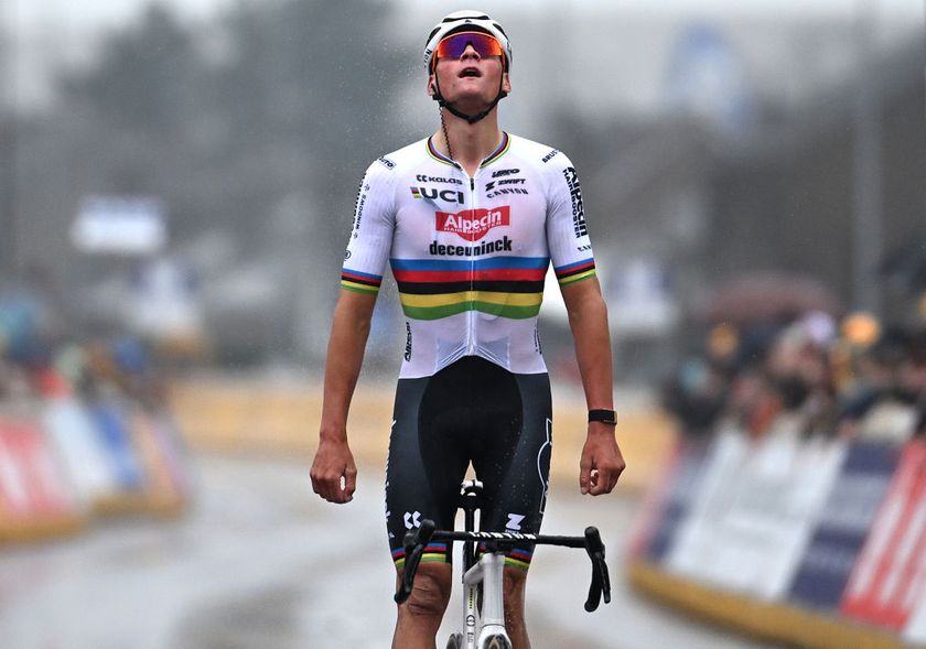 Mathieu van der Poel celebrates his E3 Saxo Classic victory in 2024 with a standing on pedals salute