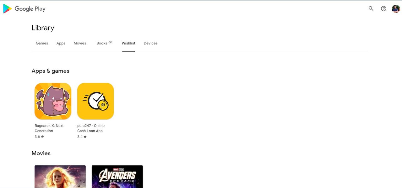 Google Play Store's wishlist section on desktop