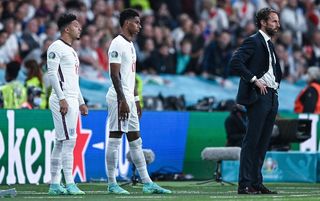 Jadon Sancho and Marcus Rashford prepare to come on in the Euro 2020 final