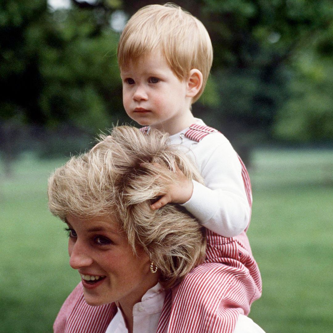 Prince Harry has red hair, is smiling, and is wearing a black suit with a white shirt, and a young Prince Harry sits on his mother Princess Diana&#039;s shoulders and holds on to her blonde hair