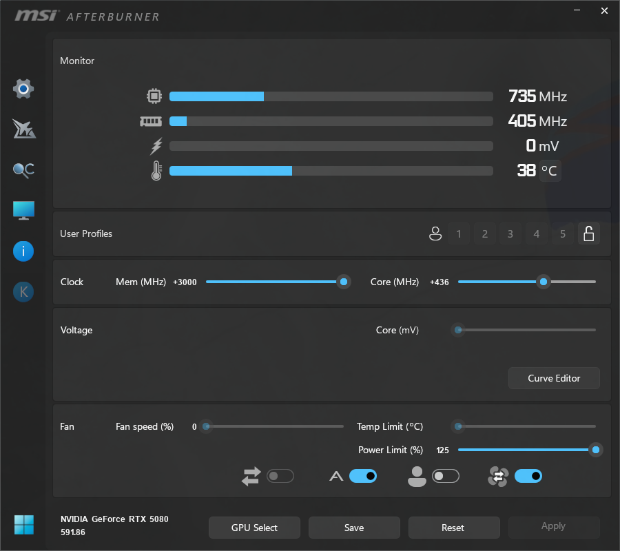 Screenshot of MSI Afterburner showing overclocking settings for the Asus RTX 5080 Noctua Edition