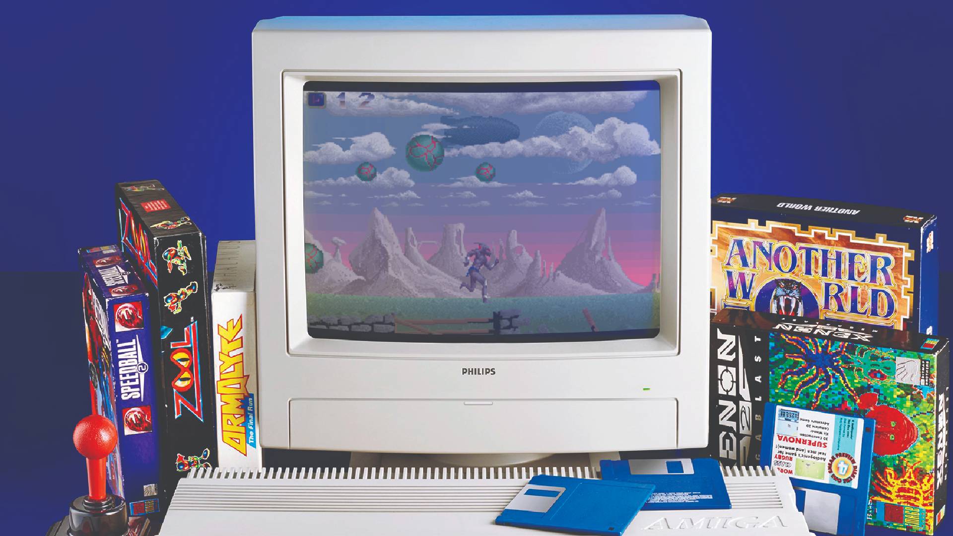 Philips CRT monitor connected to Commodore Amiga with Shadow of the Beast gameplay on screen.