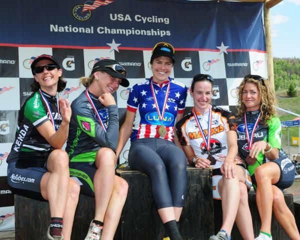 Women's short track podium (L to R) Mary McConneloug (Kenda-Seven) 5th, Heather Irmiger (Gary Fisher/Subaru) 2nd, Georgia Gould (Luna Women's MTB) 1st, Lea Davison (Team Maxxis, Rocky Mountain) 3rd, Willow Koerber (Gary Fisher/Subaru) 4th