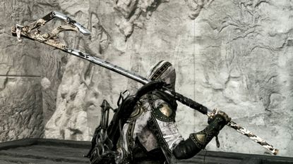 Tiel holds the Mortal Shell 2 Axatana over his shoulder.