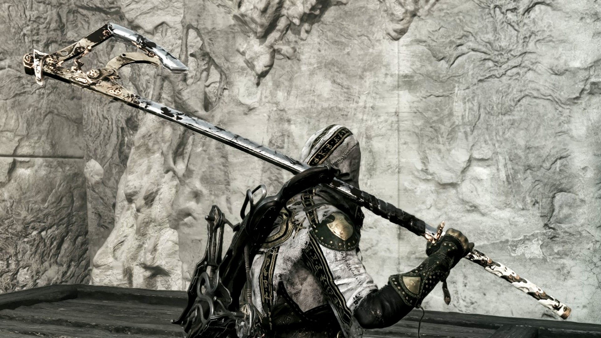 Tiel holds the Mortal Shell 2 Axatana over his shoulder.