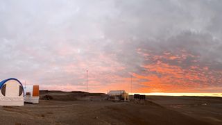A view of the desolate landscape surrounding the base camp of the Haughton-Mars Project on Devon Island in the Arctic.