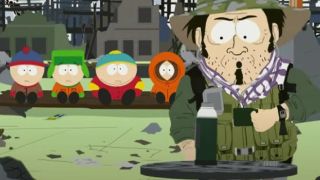 The boys talking to a hunter in South Park.