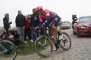 Sep Vanmarcke (EF Education First) displays his heavily strapped knee at the 2019 Paris-Roubaix