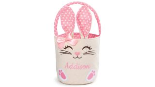 Amazon Personalized Planet Pink Polka Dot Bunny Bucket Bag, one of w&h's personalized Easter baskets picks