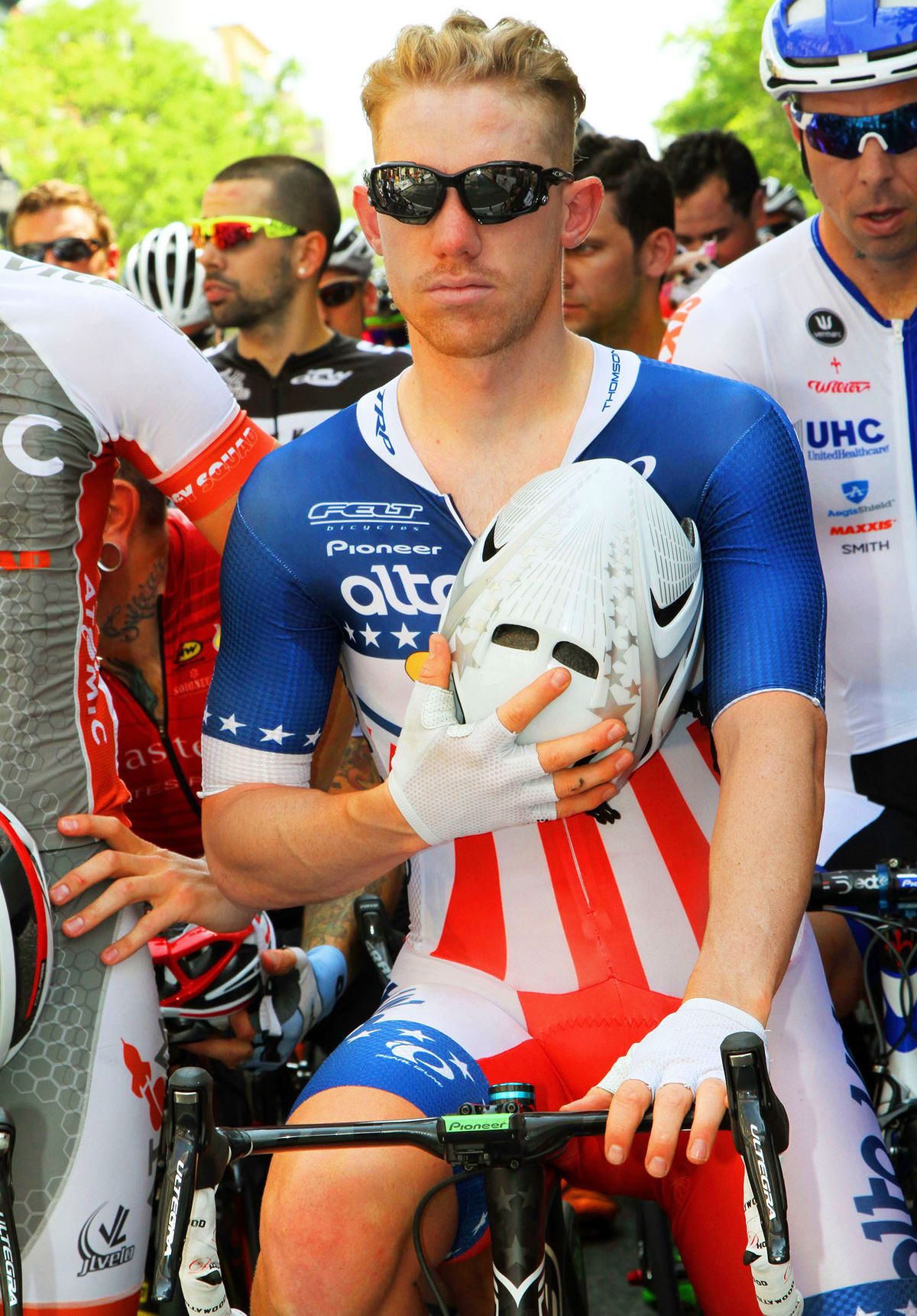 US Crit National Champion, Dan Halloway (Altoveloseasucker) observes the Nation Anthem at for the race start.