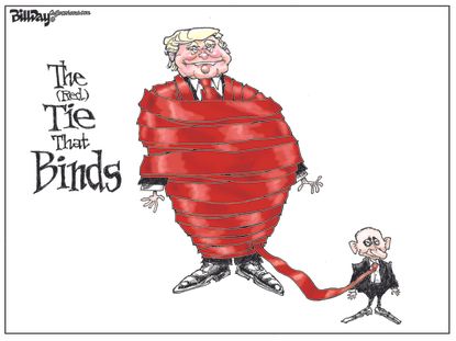 Political cartoon U.S. Trump Putin Helsinki summit captive red tie