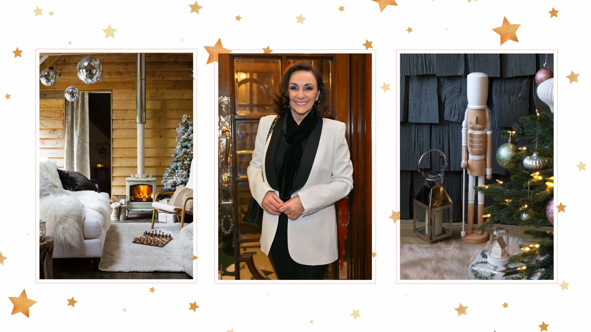 compilation image with Shirley Ballas and Christmas decorations that sparkle