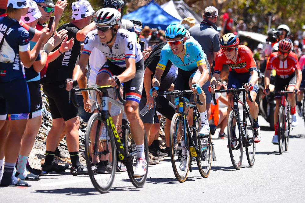 Daryl Impey powers to the finish on Willunga Hill to finish third and win the overall