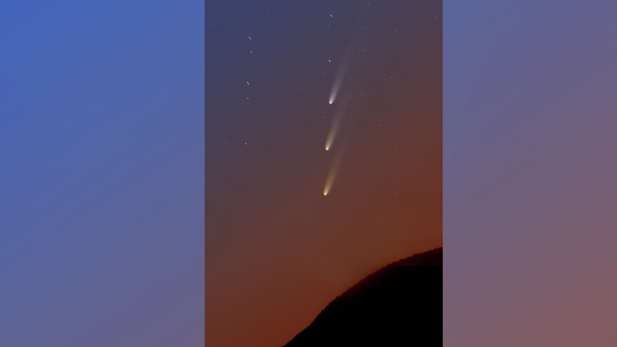 composite image of three comet images showing the comet rising above the horizon in the early predawn sky. 