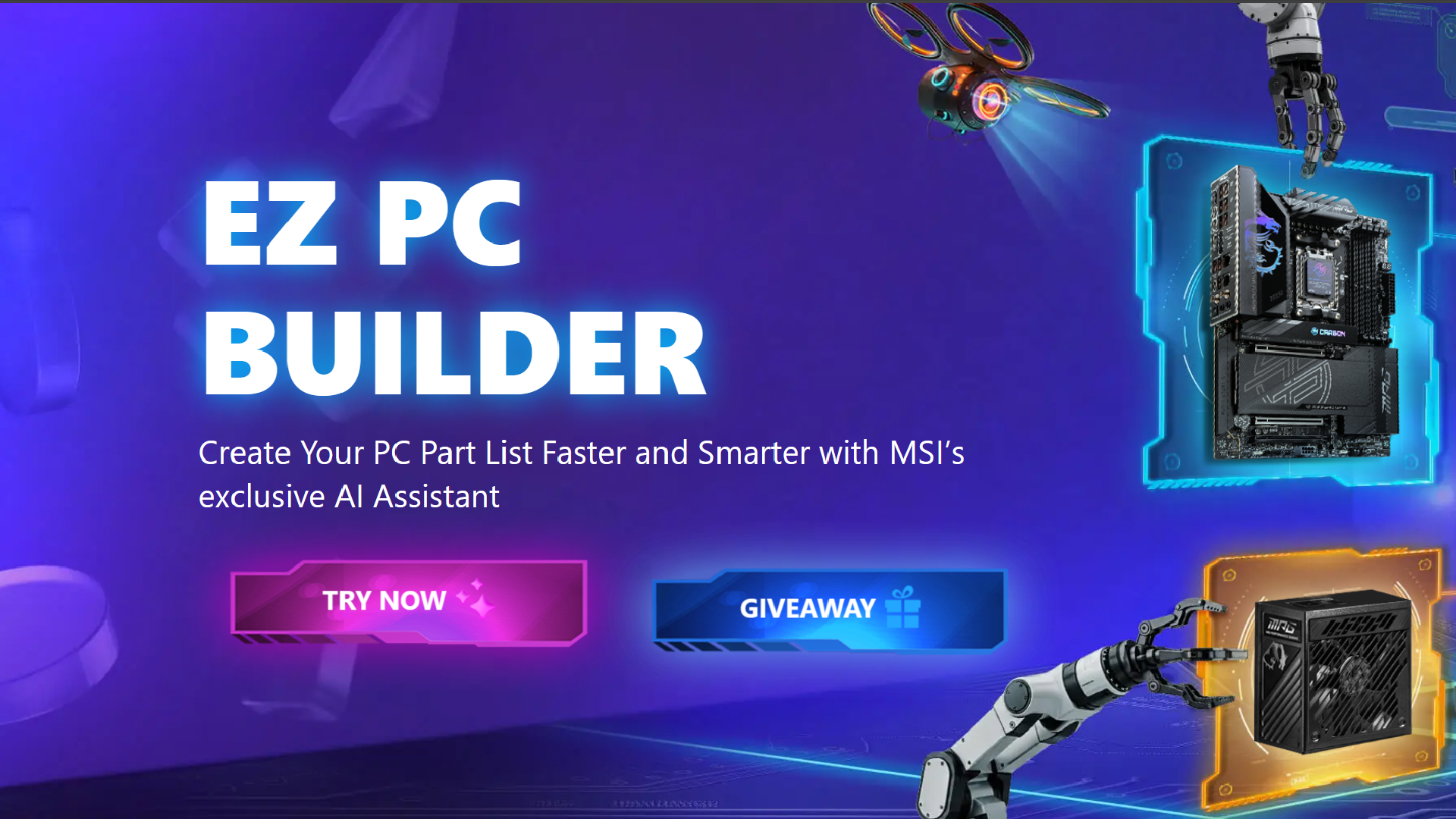 A screenshot of the homepage of MSI&#039;s AI-powered EZ PC Builder
