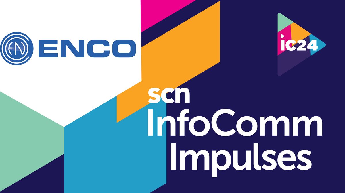 The ENCO logo over the InfoComm 2024 Impulses design. 