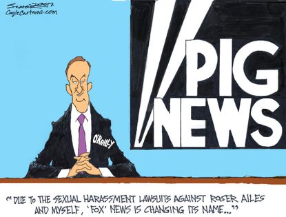 Editorial Cartoon U.S. Fox News Bill O'Reilly Factor Roger Ailes sexual harassment pig