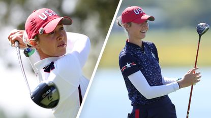 Nelly Korda hitting a driver and a fairway wood in Team USA colours at the Solheim Cup