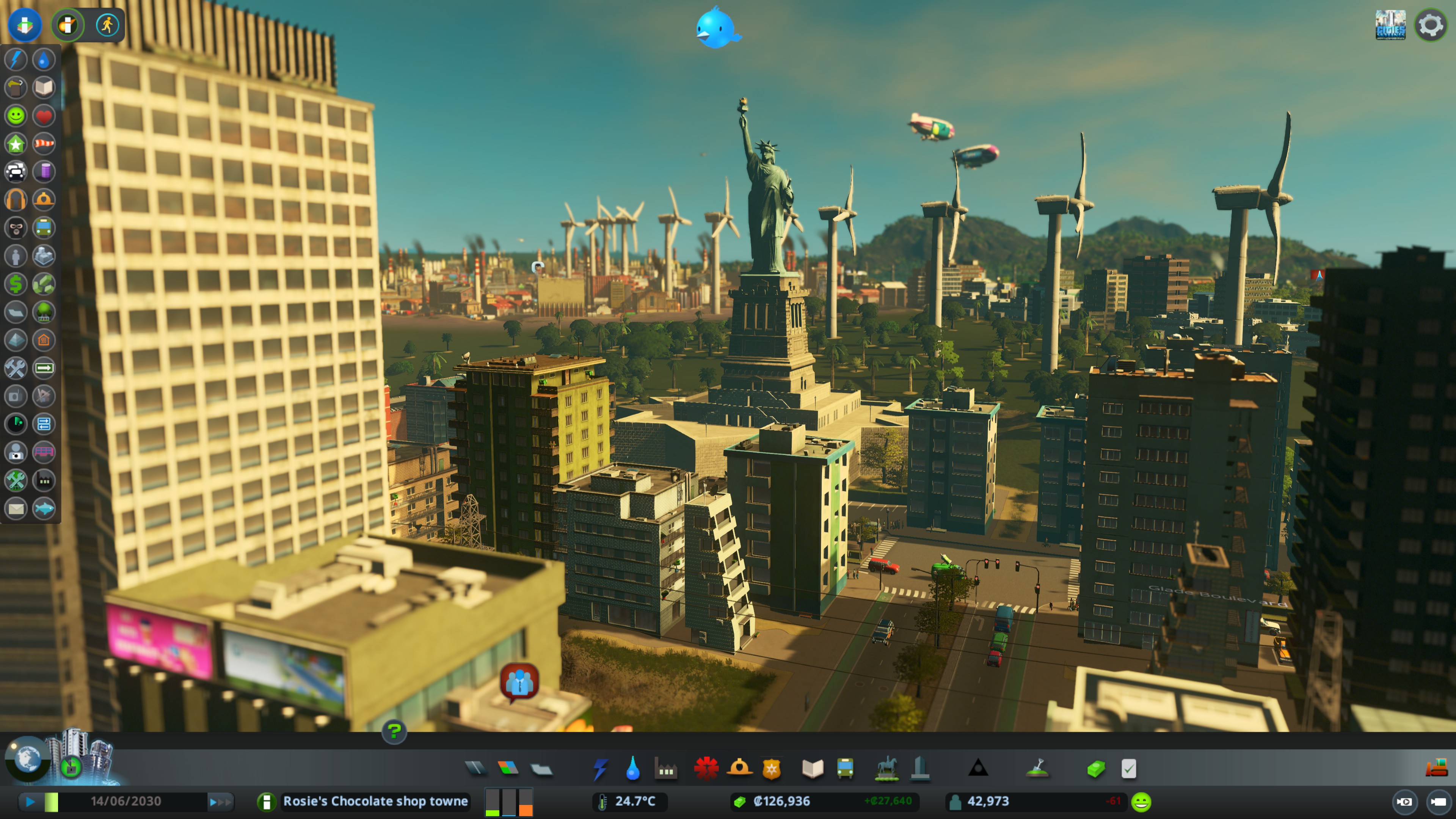 statue of liberty in front of wind farms in cities skylines