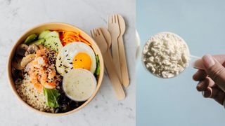 Bowl of high-protein foods, including prawns and eggs on a bed of rice, next to scoop of protein powder