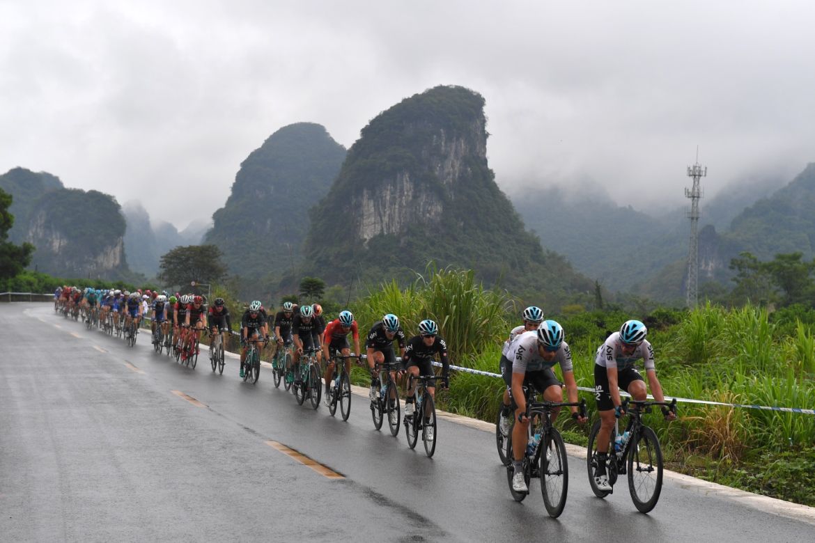 Team Sky lead the peloton on stage 5