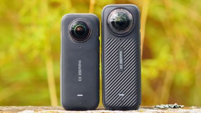 A comparison of the size differences of the Insta360 X3 and X4 cameras