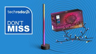 Philips Hue Signe lamp and Festavia string lights on blue background with white text reading 'TechRadar don't miss'