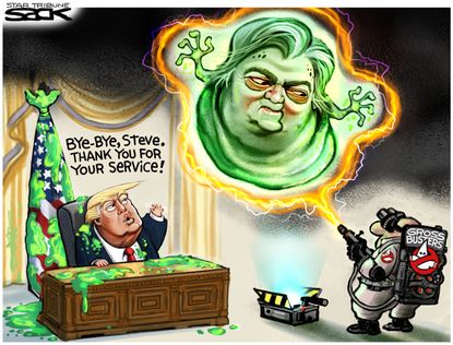 Political cartoon U.S. Trump Bannon fired Ghostbusters