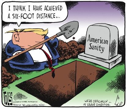 Political Cartoon U.S. Trump six feet away from American Sanity