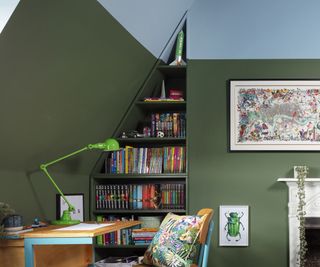 Awkward shaped bedroom shelves painted in two colours