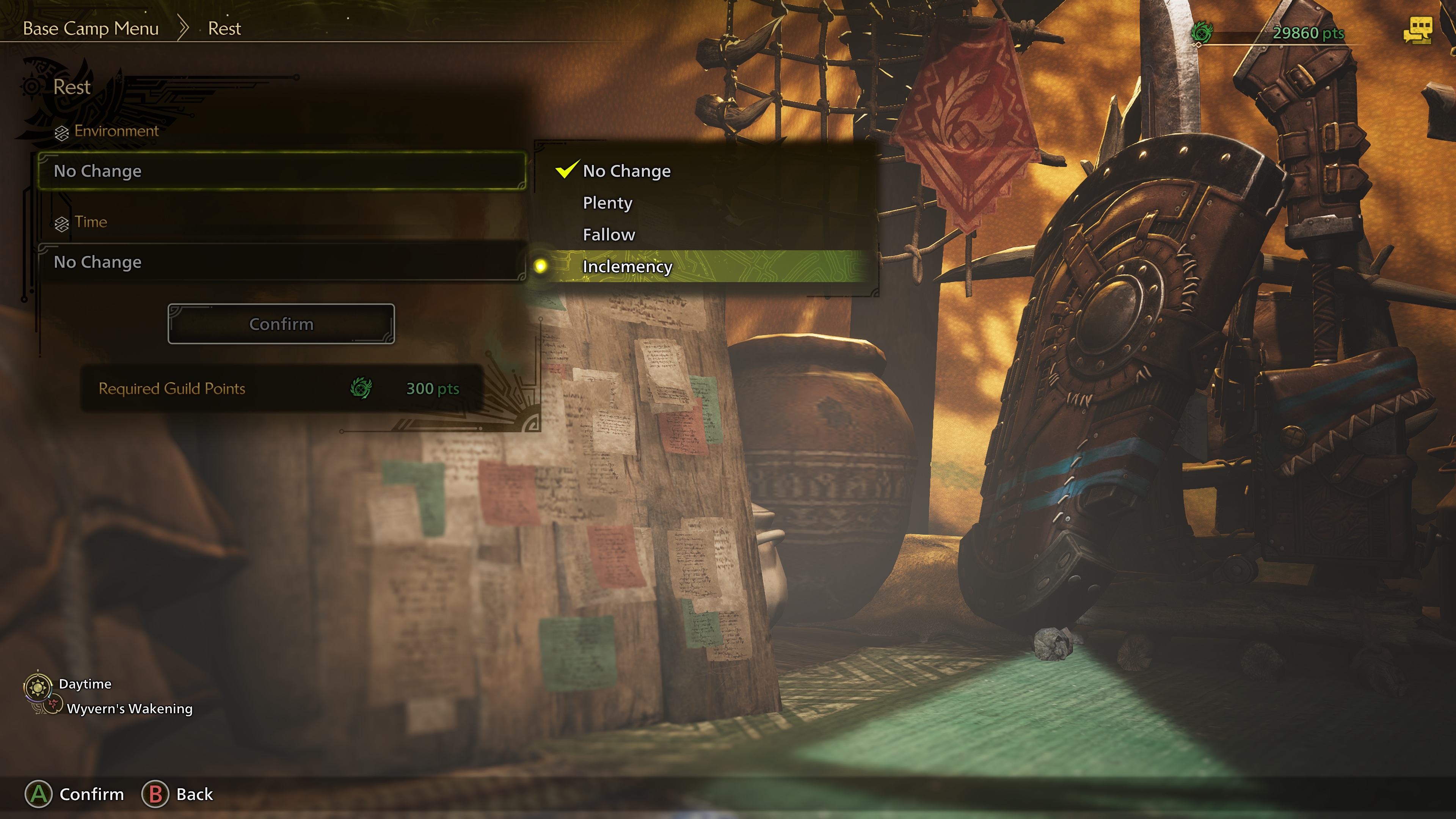 In-game screenshot of a player changing the time of day in Monster Hunter Wilds