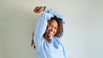 Woman in blue loungewear