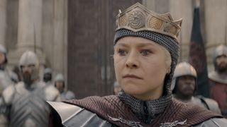 Rhaenyra in armor talking to the people of King's Landing. 