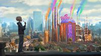 An animated blonde-haired boy stands on a rooftop looking toward a vibrant, whimsical Wonka chocolate factory that emits colorful smoke into a city skyline.