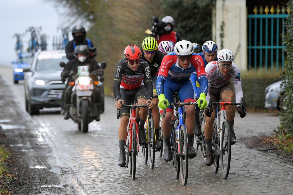 NOKERE BELGIUM MARCH 17 Sebastien Grignard of Belgium and Team Lotto Soudal Ludovic Robeet of Belgium and Team Bingoal WB Damien Gaudin of France and Team Total Direct Energie Ward Vanhoof of Belgium and Team Sport Vlaanderen Baloise Anthony Jullien of France and AG2R Citren Team during the 75th Nokere Koerse Danilith Classic 2021 Mens Elite a 1955km race from Deinze to Nokere Breakaway Cobblestones NokereKoerse on March 17 2021 in Nokere Belgium Photo by Luc ClaessenGetty Images