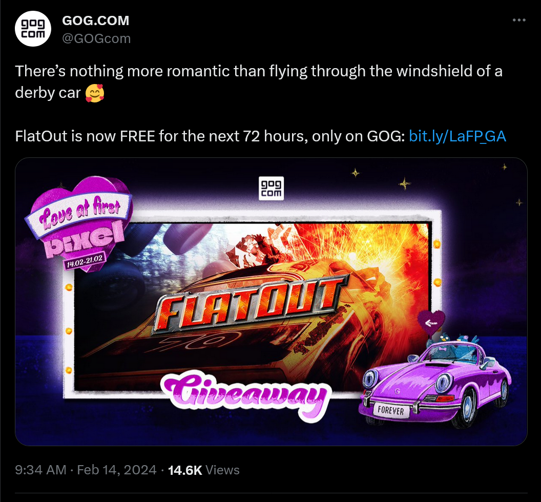 There’s nothing more romantic than flying through the windshield of a derby car ????  FlatOut is now FREE for the next 72 hours, only on GOG: https://bit.ly/LaFP_GA