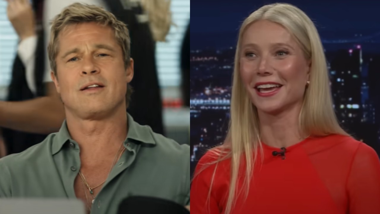 From left to right: Brad Pitt looking a bit confused in F1 and Gwyneth Paltrow smiling while talking on The Tonight Show. 