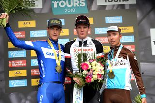 Niki Terpstra, Soren Kragh Andersen and Benoit Cosnefroy on the Paris-Tours podium