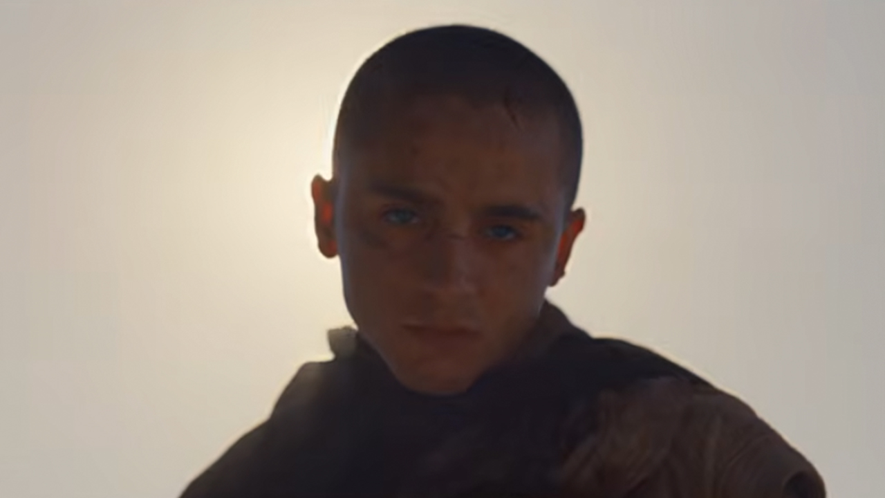A bald Timothee Chalamet looking mournfully down with the sun behind him in Dune.