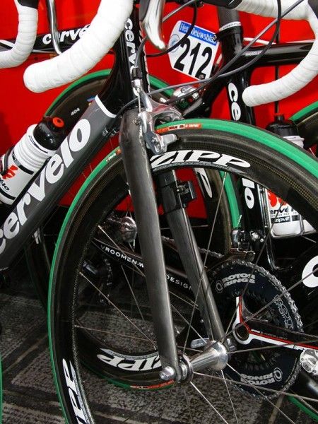 The fork is similarly adjusted with longer blades for additional tire clearance and another long-reach caliper.