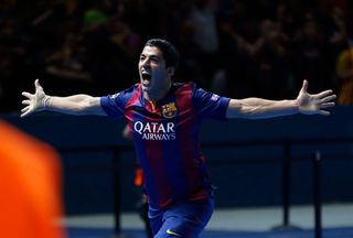 Luis Suarez celebrates after scoring for Barcelona in the 2015 Champions League final against Juventus