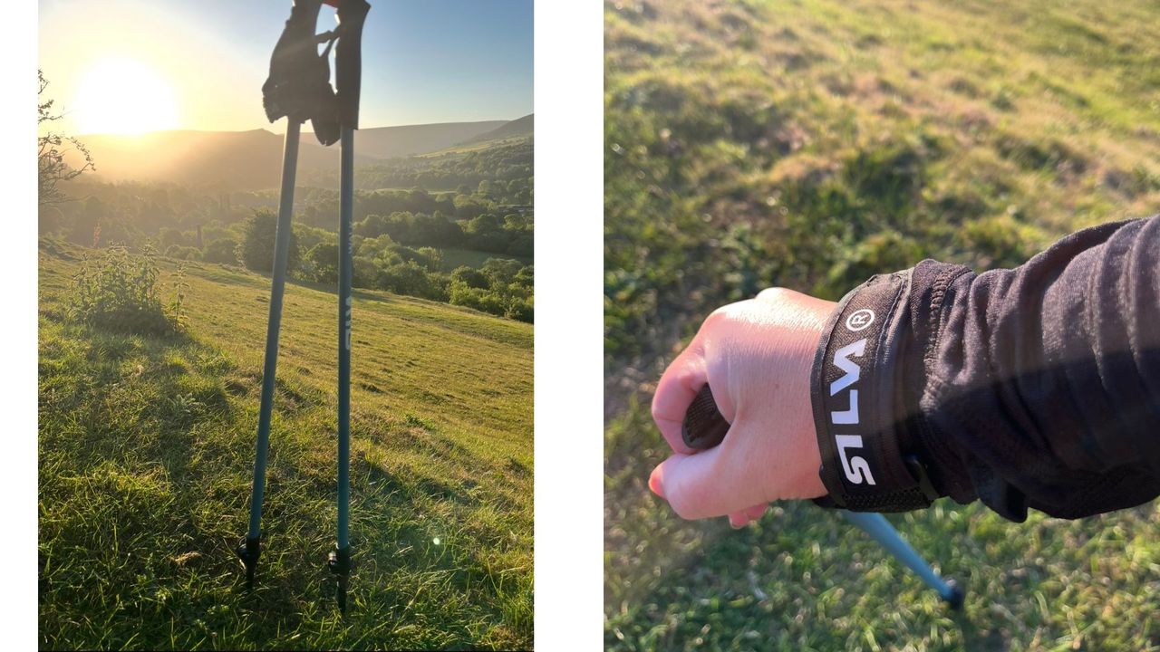 Susan Griffin using Silva Aluminium Walking Poles outdoors and product shot
