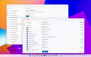 The image shows a desktop interface with two overlapping software windows. Both windows feature lists of files and options, with a colorful gradient background.