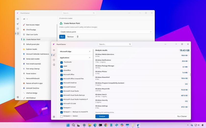 The image shows a desktop interface with two overlapping software windows. Both windows feature lists of files and options, with a colorful gradient background.