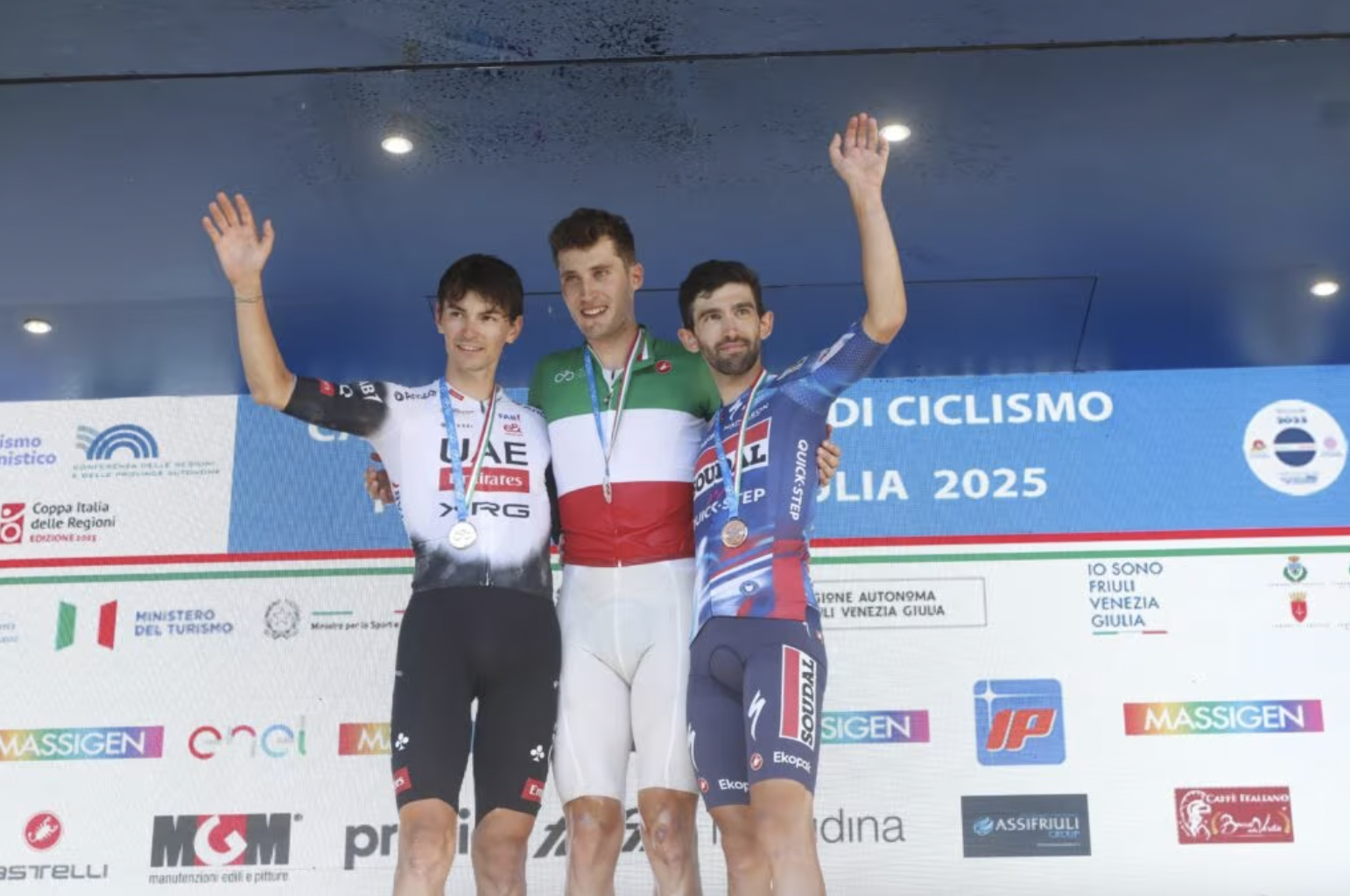 Filippo Conca, Alessandro Covi, and Thomas Pesenti on the podium following the 2025 Italian National Championships road race [credit: Federazione Ciclistica Italiana]