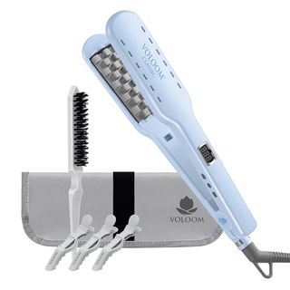 Voloom Classic 1-½” Inch Professional Volumizing Ceramic Hair Iron open with a brush, clips, and carrying case behind it on a white background