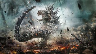 A promotional image for Godzilla Minus One displaying Godzilla