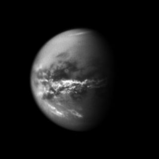 NASA’s Cassini spacecraft chronicled the change of seasons as it captured clouds concentrated near the equator of Saturn’s largest moon, Titan, on Oct. 18, 2010.